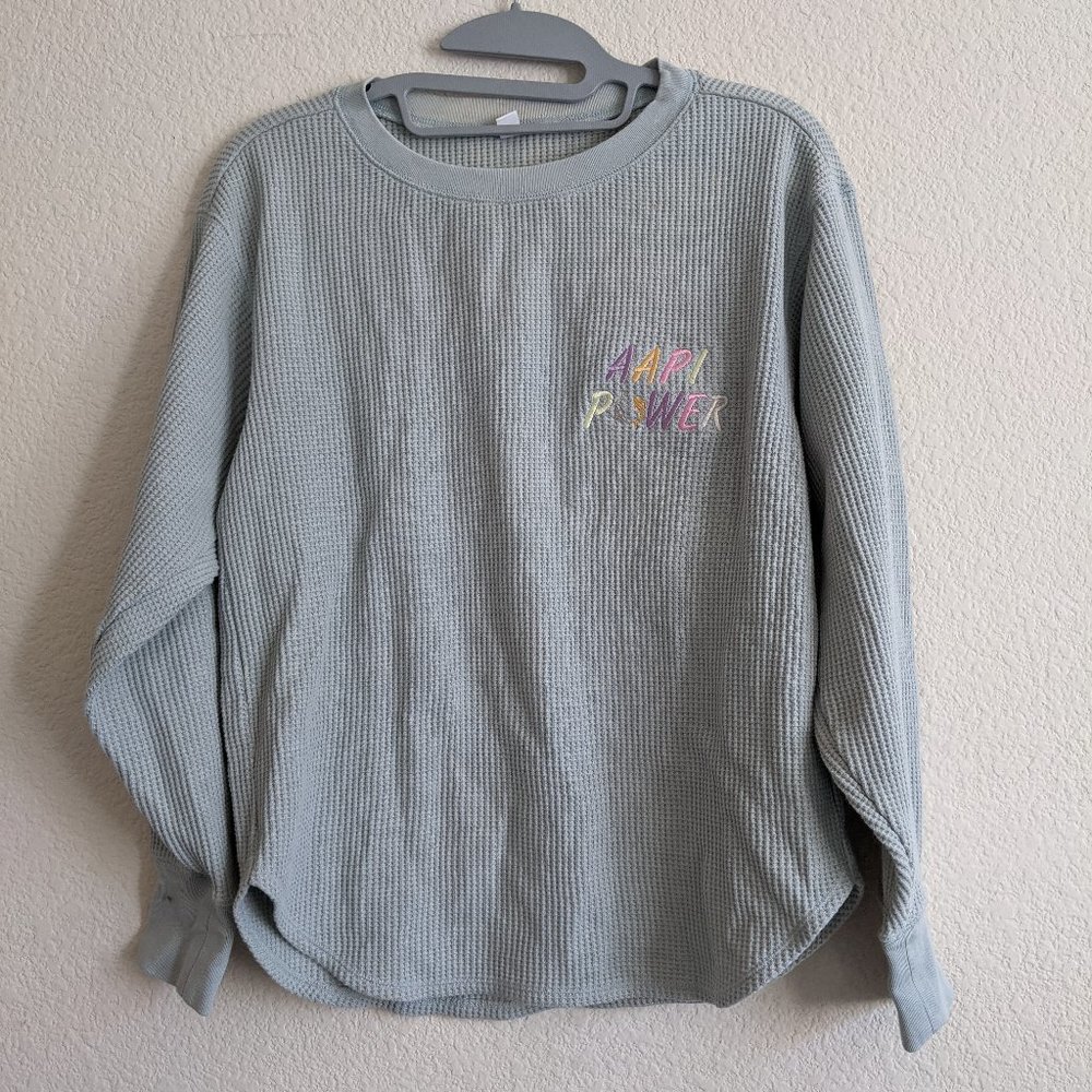 Embroidered AAPI Power Light Blue Turquoise Knit Pullover Long Sleeve Sweater